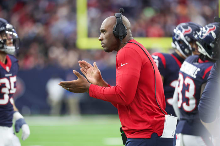 Texans head coach DeMeco Ryans reacts during the first quarter against the Cleveland Browns at NRG Stadium.
